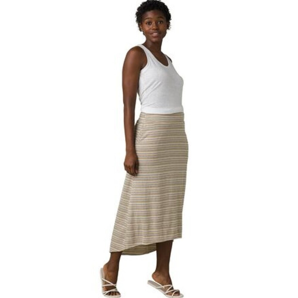 Prana Tan Black Striped Midi Stretch Long Pull-On Hemp High Low Skirt Size XL
